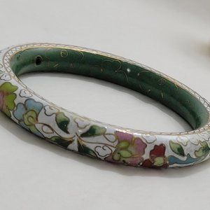 1950s 6/8" w Cloisonne Bracelet Enamel Flowers on Copper for Large Wrist 7 1/2"